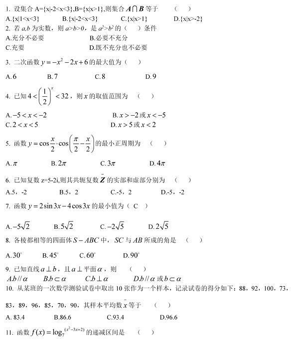 歷年福建成人高考高起本試題題庫：數(shù)學(xué)真題及答案(一)